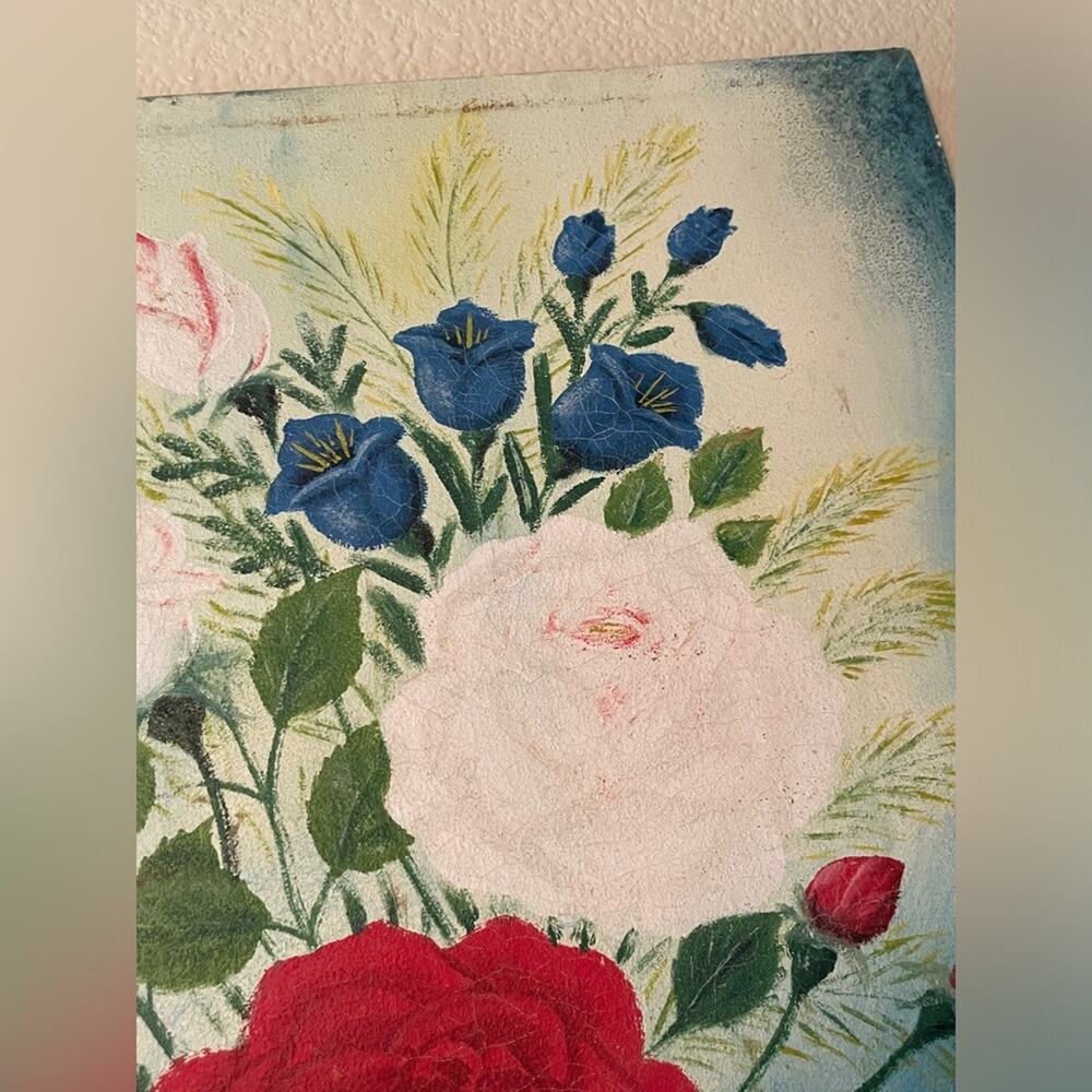 Original Signed Old Floral Still Life Painting on Nailed Canvas 20" x 15" - Picture 5 of 8